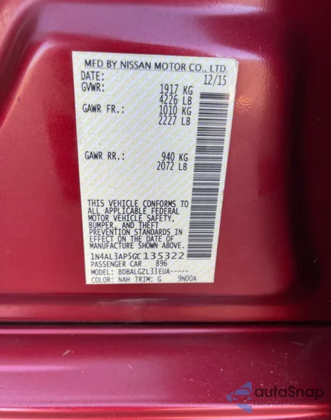 2016 Nissan Altima 2.5 z USA, uszkodzony, nr VIN 1N4AL3AP5GC13532